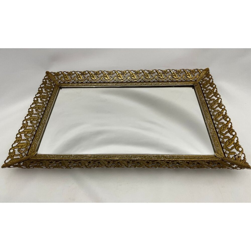 Vintage rectangle mirror tray, filigree metal ornate frame, Hollywood Regency